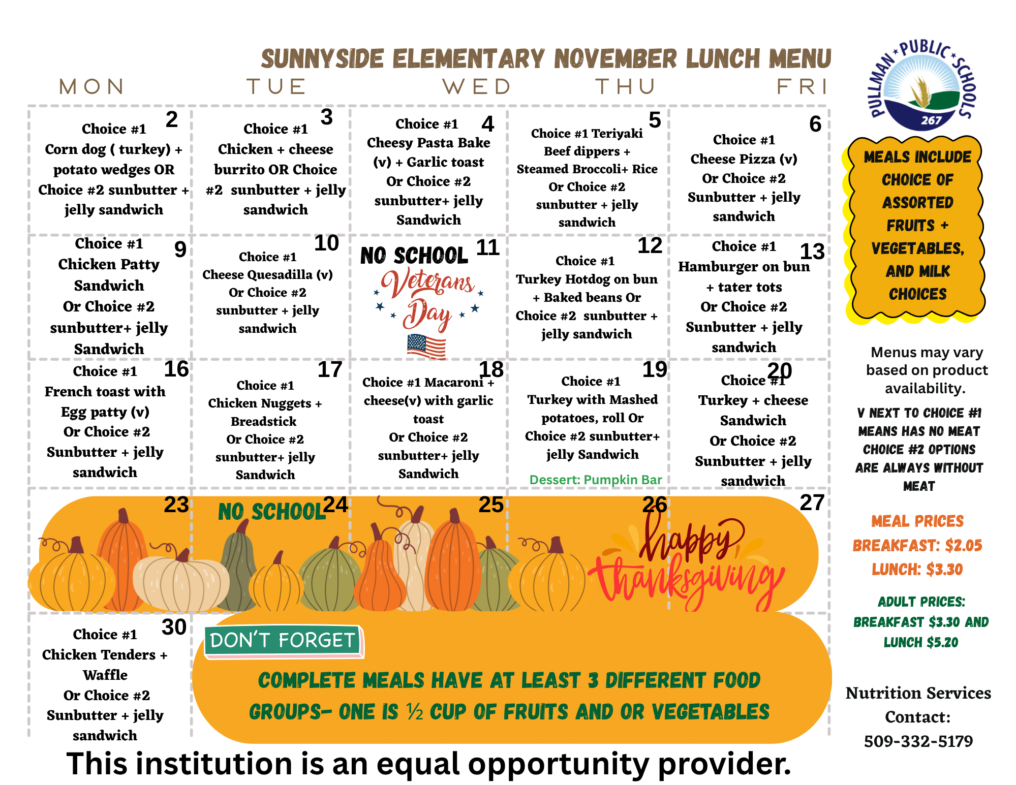 Sunnyside Elementary November Lunch Menu calendar displaying daily school meal options.